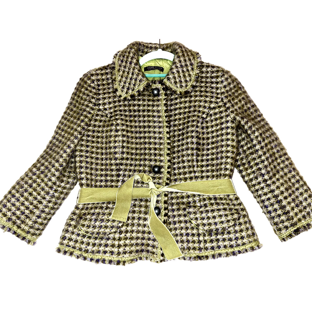 SIGRID OLSEN Jacket Wool Blend Tweed Check Green Velvet Ribbon Belt Small